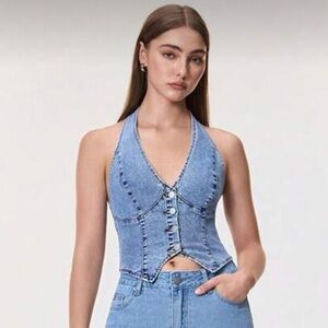 SHEIN Denim Halter Neck Button Front Crop Top - Size XS Blue Wash
